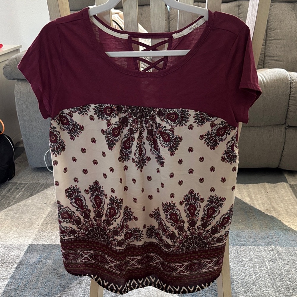 Maurices Burgundy and Cream Blouse with Paisley Pattern